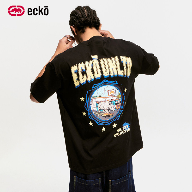 ecko红犀牛 圆领套头情侣印花短袖t恤男女2026夏季新款落肩袖上衣