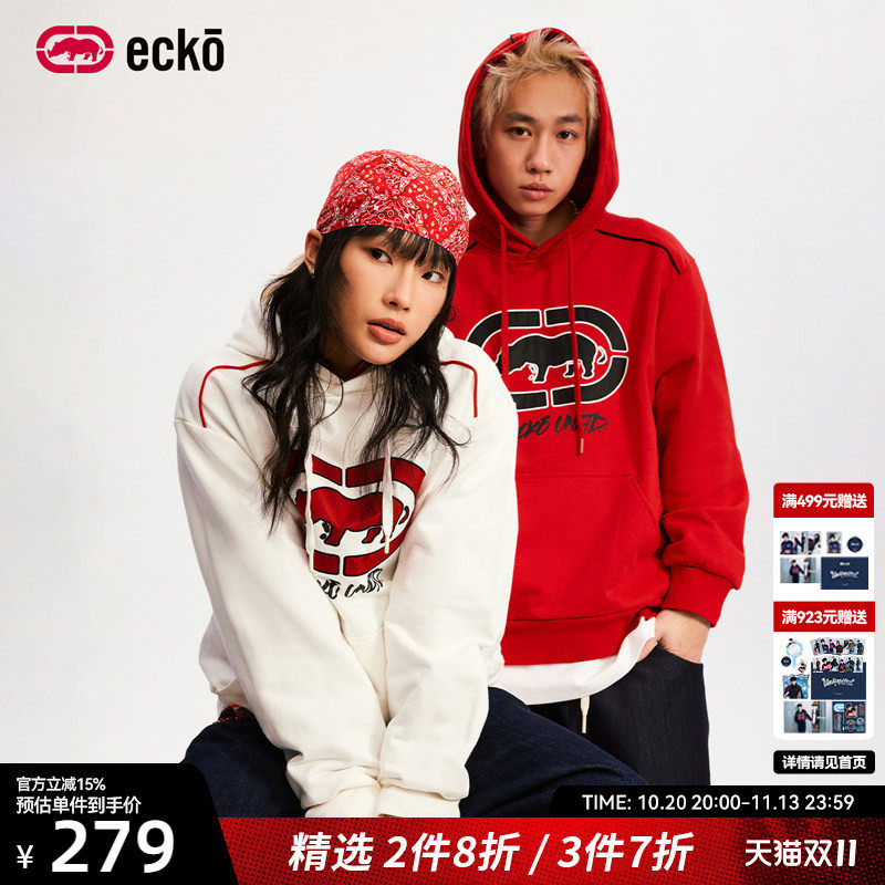 ecko红犀牛  贴布刺绣美式连帽重磅卫衣男女情侣经典款外套上衣