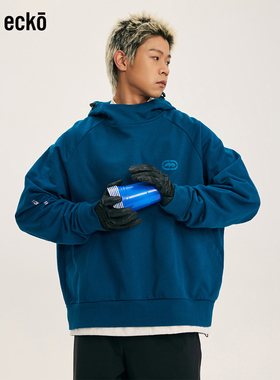 ecko红犀牛  蓝色连帽重磅全棉卫衣男2025秋季新款青少年运动外套