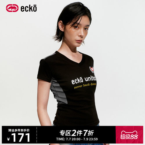 ecko红犀牛辣妹V领撞色短袖t恤
