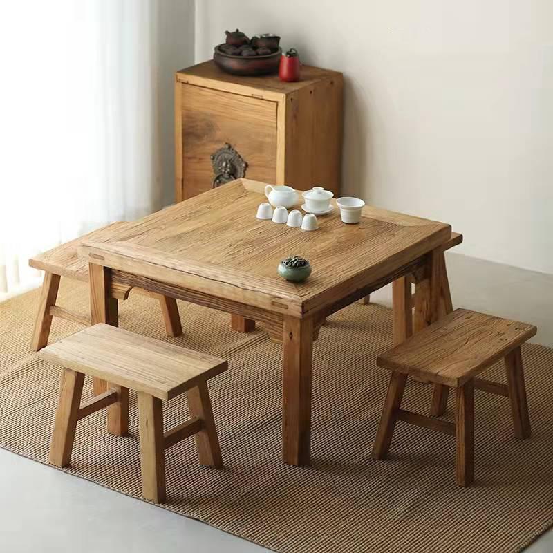 中式老榆木方桌饭桌民宿餐馆家用简约实木四方桌木质板凳茶桌