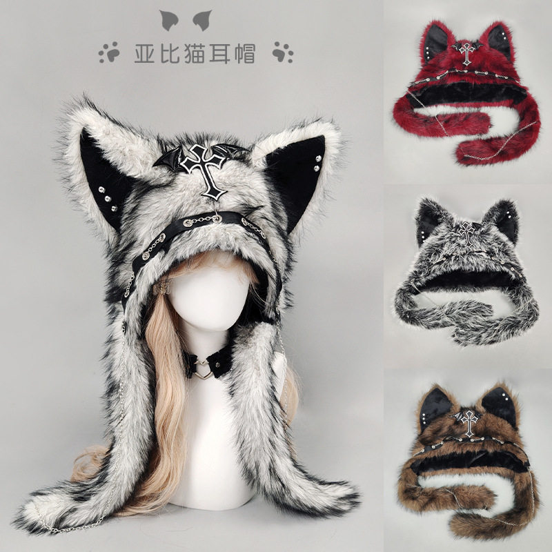 亚文化辣妹猫耳帽朋克风摇滚秋冬保暖帽y2k圣诞狐狸耳朵帽子