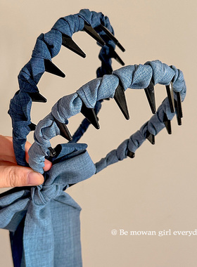 法式秋冬蓝色蝴蝶结带齿飘带发箍百搭女绑发网红发捆外出头饰发卡