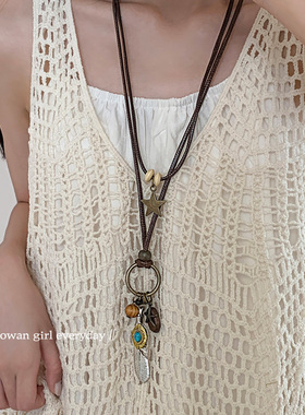 新中式禅意古铜羽毛项链女波西米亚民族风双层叠戴长款毛衣链配饰