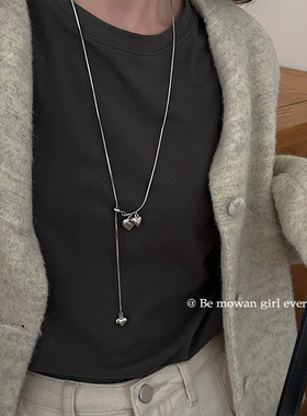 韩系银色爱心抽拉流苏毛衣链简约