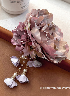 气质唯美新古风中式氛围感汉服紫色花朵发夹女超仙流苏夹旗袍旅拍