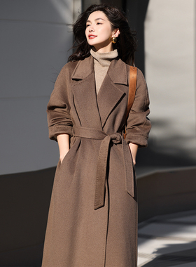 悦戎奢香夫人高端紫绒100%羊绒大衣女2025秋冬新款毛呢外套中长款