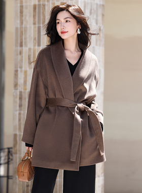 悦戎带里衬纯山羊绒大衣女短款气质系带宽松加厚紫绒100%羊绒外套