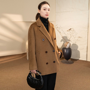 悦戎短款 领斜插袋双排扣大衣女士气质外套 苏力绒羊驼毛大衣西装