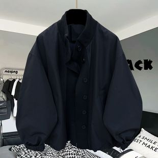 夹克宽松上衣外套男装 复古拼接撞色翻领长袖 潮牌300斤美式 特大码