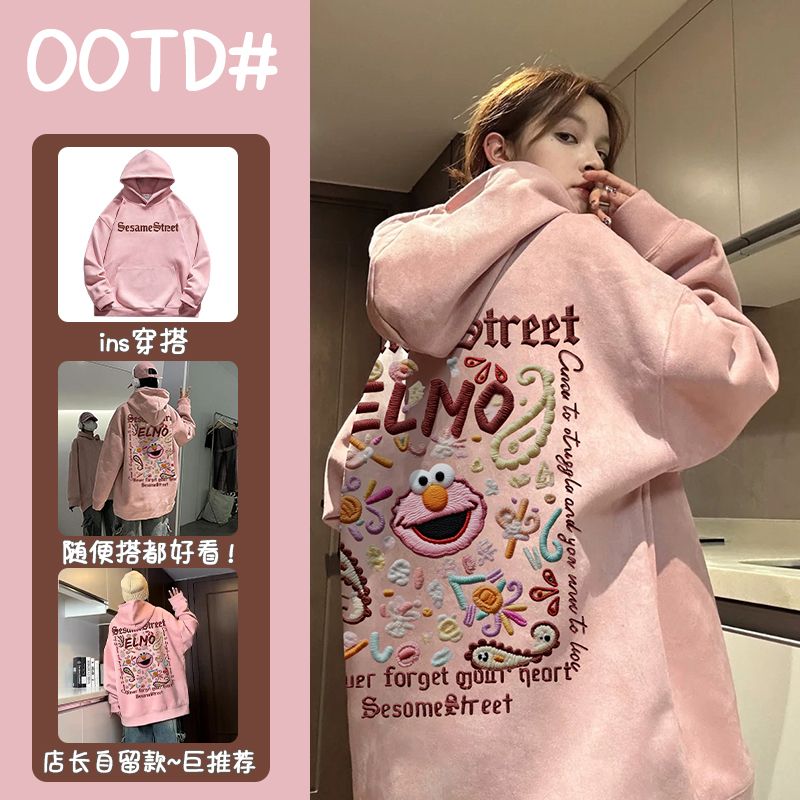 大码潮流卡通印花麂皮绒卫衣男女