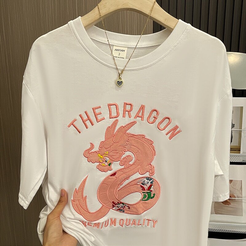 特大码300斤重工刺绣中国龙年短袖T恤男女宽松设计感情侣休闲上衣