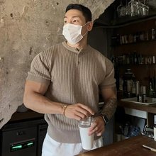 大码男装300斤夏潮流亨利领短袖针织衫宽松休闲竖条纹设计感半袖2