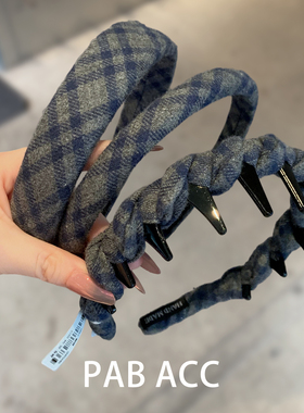 韩国复古秋冬毛呢洗脸发箍带齿防滑头箍缠绕格纹英伦高颅顶压发捆