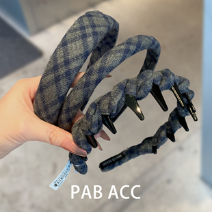 韩国复古秋冬毛呢洗脸发箍带齿防滑头箍缠绕格纹英伦高颅顶压发捆