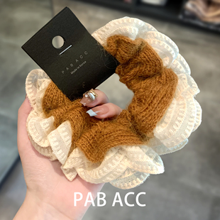 韩国洋气小众双层蕾丝花边针织撞色肥肠圈软糯毛线发圈不伤发皮筋