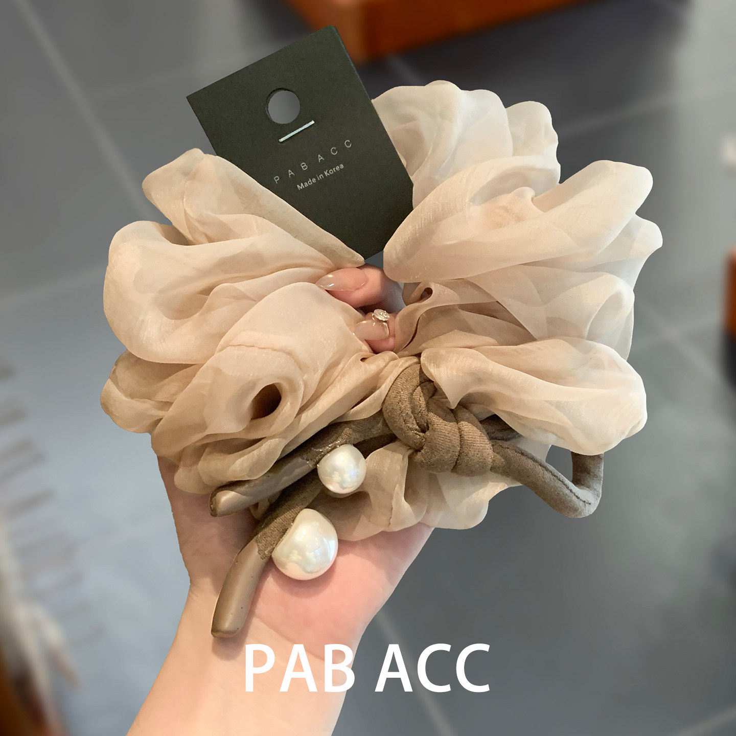 韩国温柔风轻纱质感蝴蝶结大珍珠肥肠发圈蓬松显发量多奶茶色头绳