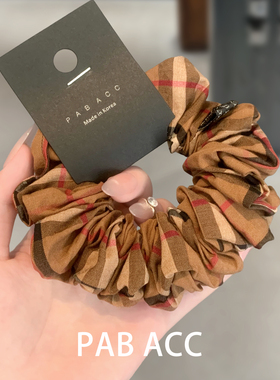 韩国复古经典英伦风布艺格纹大肠发圈优雅丸子头花高端扎马尾发饰