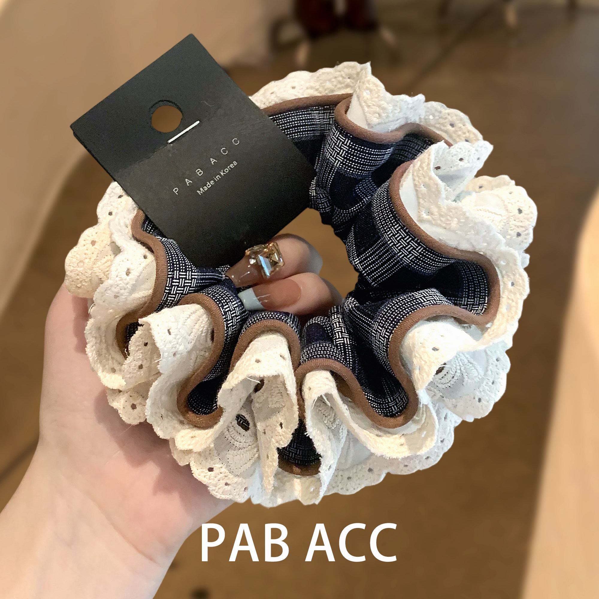 韩国小众学院风蕾丝木耳边双层撞色格子发圈气质丸子头花超大头绳