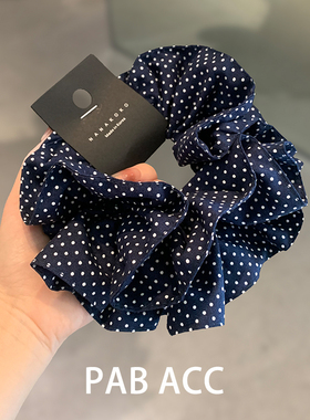 韩国复古藏蓝色双层波点发圈少女学院风显白丸子头扎马尾头花皮筋