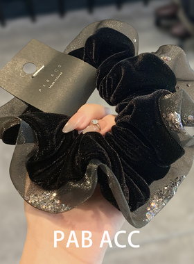 韩国秋冬高级感丝绒拼接花边网纱水钻发圈优雅扎发绳丸子头花头饰