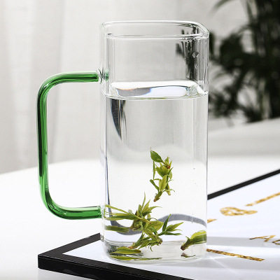 玻璃杯家用耐热水杯绿茶杯子透明加厚办公杯方形带把手泡茶杯茶具