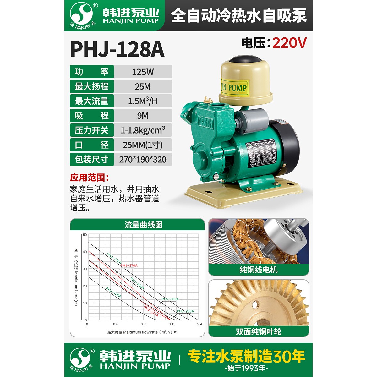 韩进增压泵PHJ家用水泵自吸泵全自动静音全屋加压泵管道泵抽水机