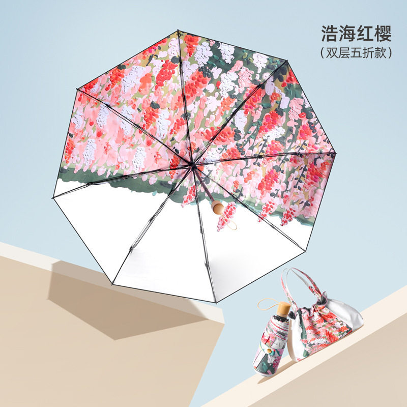 五折伞双层双面花黑胶太阳伞小巧便携遮阳伞防晒防紫外线晴雨伞女
