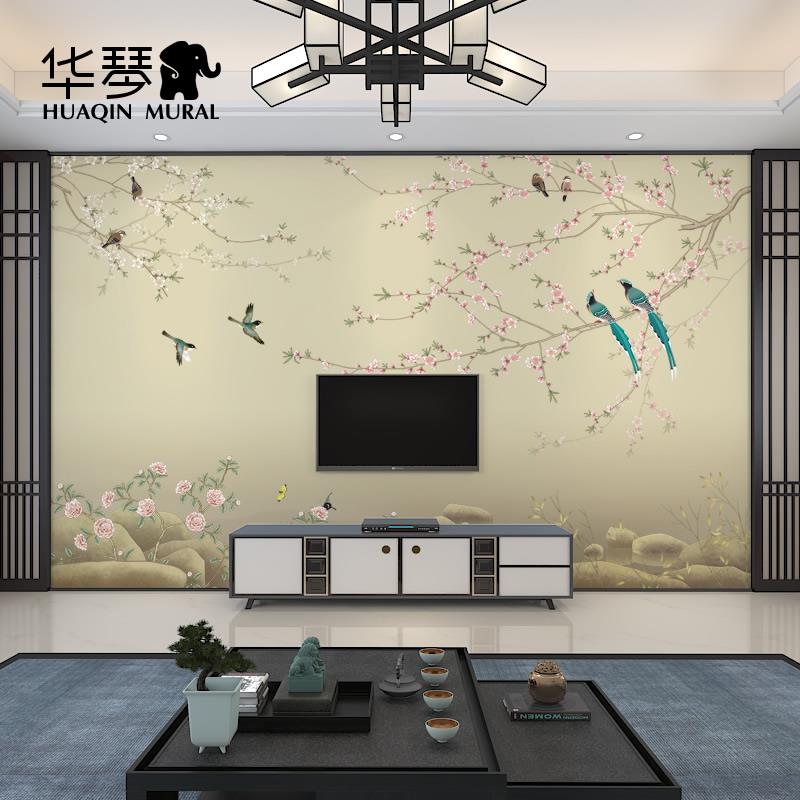 新中式花鸟电视背景墙壁纸梅花墙纸客厅沙发卧室床头墙布壁画壁布