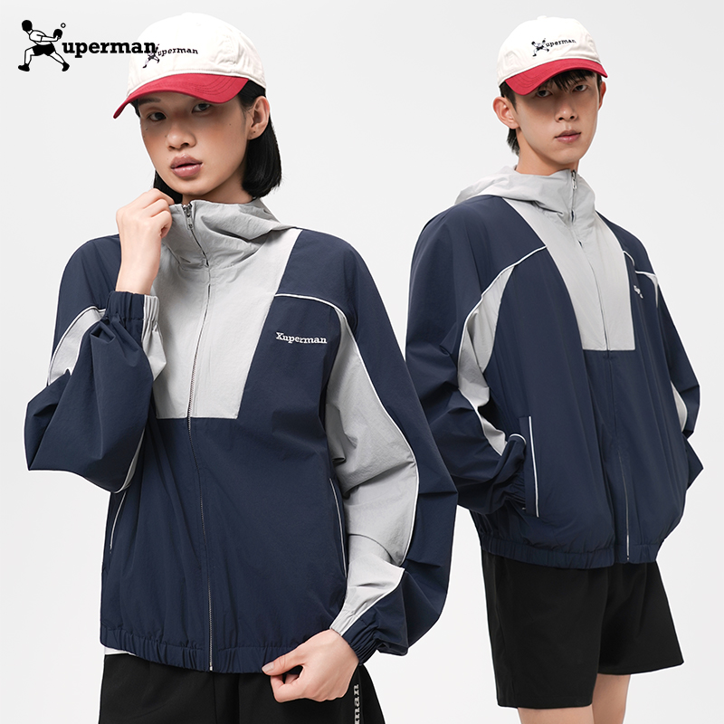 Xuperman美式复古潮牌拼色连帽外套男女户外运动休闲夹克冲锋衣