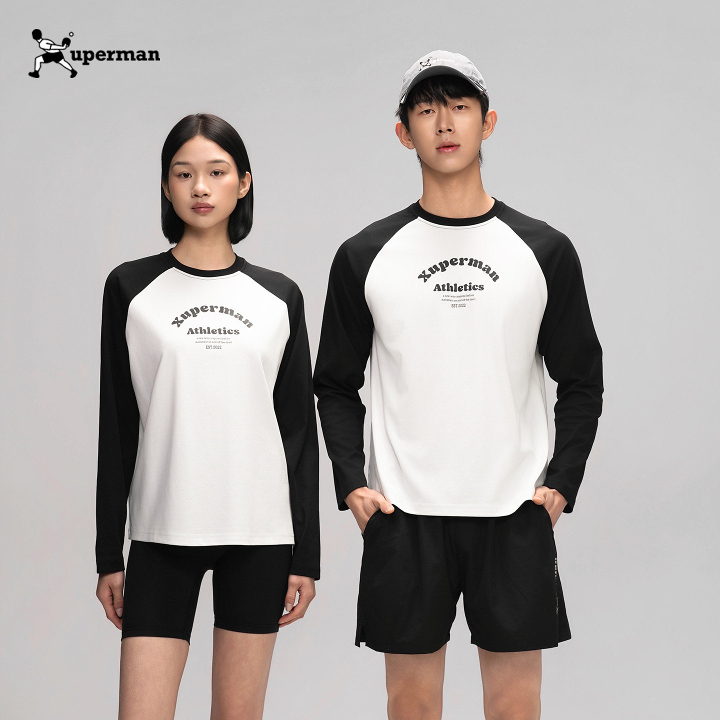 Xuperman撞色插肩长袖T恤早春圆领宽松打底衫男女休闲运动上衣