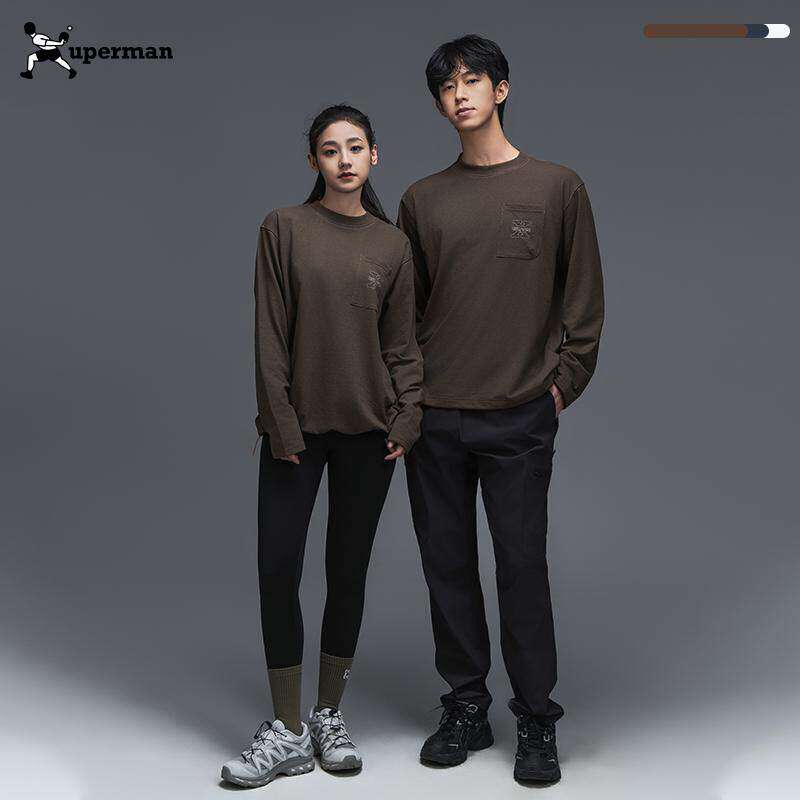 Xuperman刺绣口袋长袖T恤基础百搭宽松显瘦打底衫男T恤女圆领纯色