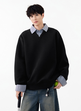 SHAPOES秋冬季男生美式重磅宽松休闲卫衣情侣男士格子领衬衫上衣