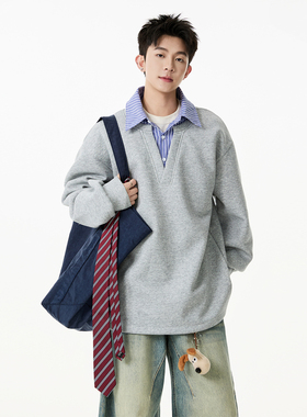 SHAPOES春秋季男生美式重磅领口拼接卫衣情侣男士休闲假两件卫衣