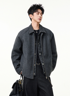 SHAPOES冬季男生美式格子假两件拼接棉服外套男士宽松休闲棉衣