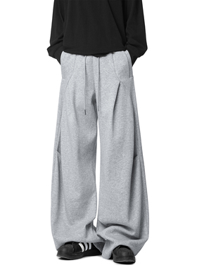 SHAPOES春秋季男生美式重磅褶皱卫裤男士潮牌宽松休闲垂感长裤子