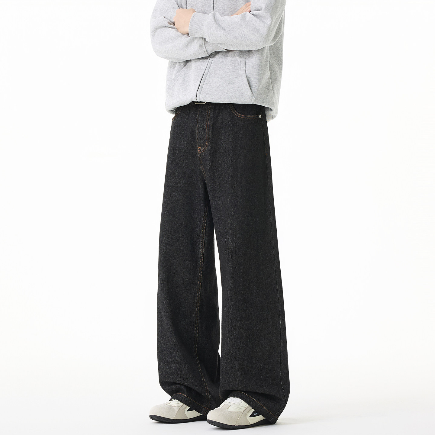 SHAPOES春秋季男生美式重磅原牛牛仔裤男士宽松直筒黑色休闲裤