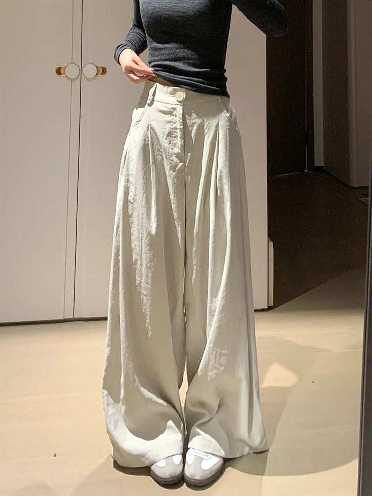 Khaki Suit Pants for Women 2025 New Summer Thin Loose Bf Lazy Style Drape High Waist Wide Leg Pants