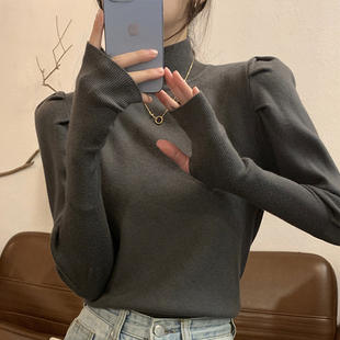 速发灰色半高领针织打衣衫 高级感上衣 秋冬内搭小个子毛泡底泡袖
