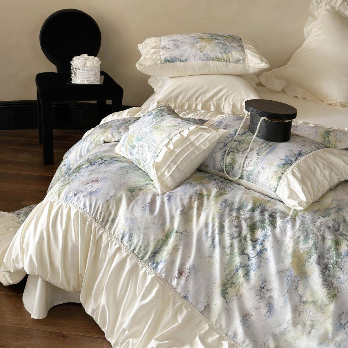 法式褶皱花边风格天丝棉印花浪漫别墅宽亲肤床上用品四件套