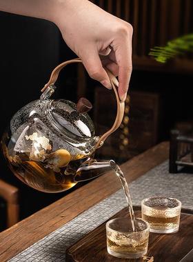 围炉煮茶玻璃茶壶高硼硅玻璃蒸煮两用茶壶电陶炉煮茶壶木把泡茶壶