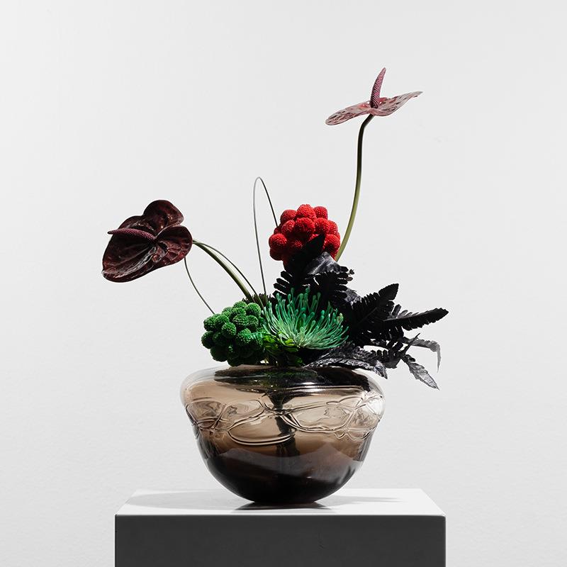 艺贝子现代高级感玻璃插花仿真花样板间售楼处高档别墅软装花艺