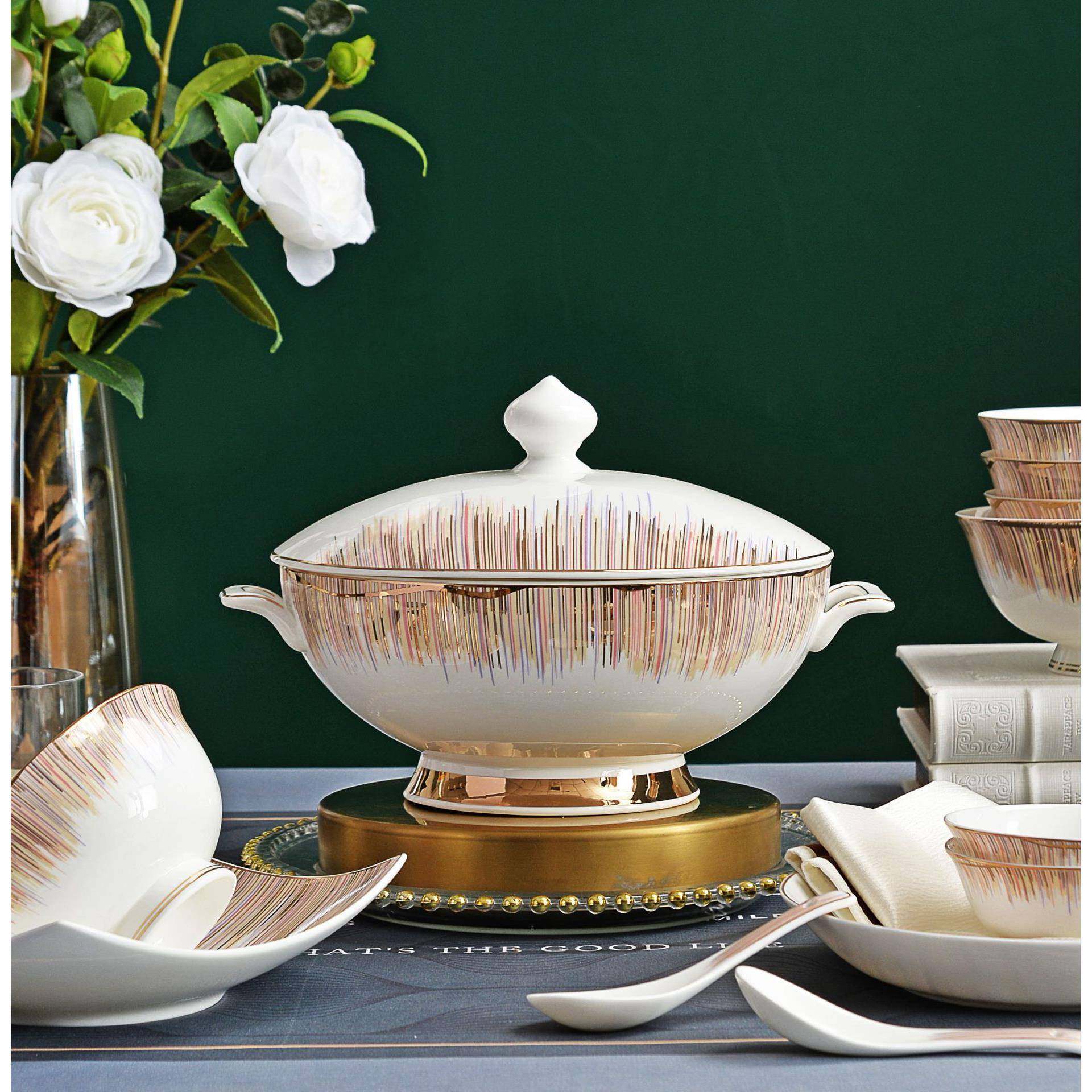 唐山吉纳欧式轻奢镶金骨质瓷家用送礼餐具套装