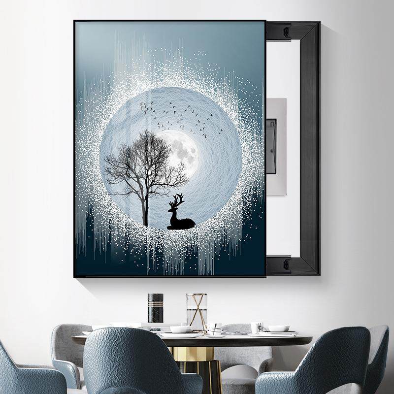 电表箱装饰画遮挡配电箱挂画推拉轻奢晶瓷福鹿电闸壁画免打孔竖款