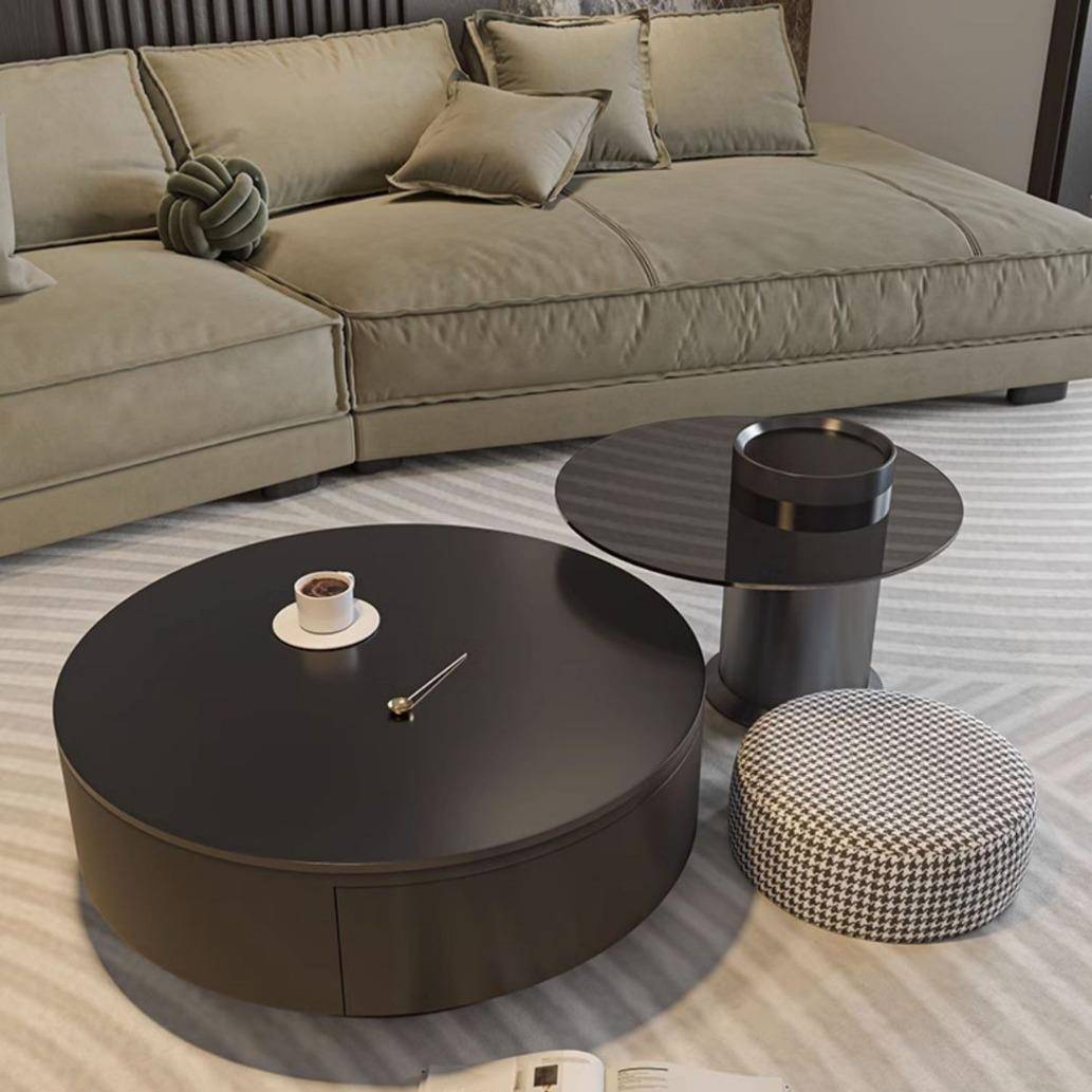 岩板圆形茶几客厅家用轻奢现代简约大小户型黑色茶桌玻璃意式极简