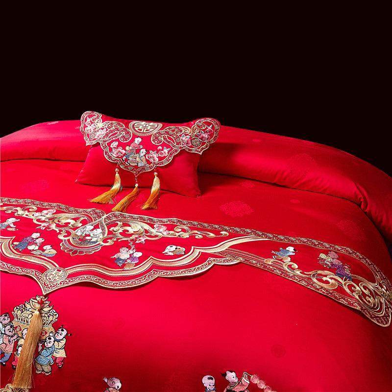 婚庆大红色床旗床尾巾婚礼台布刺绣长旗结婚床上用品龙凤百搭配件