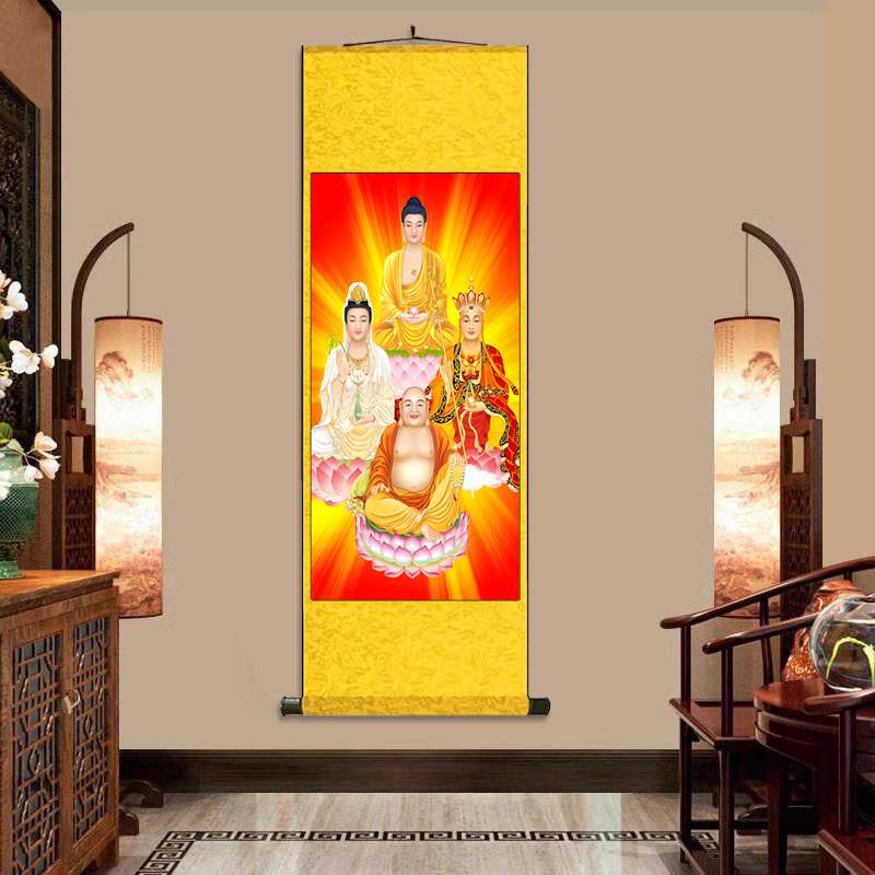 四个佛全堂佛像地藏王本命佛坐莲观音菩萨如来佛祖丝绸卷轴装饰