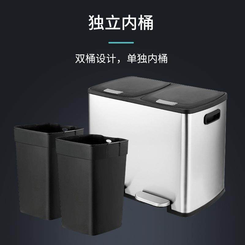 脚踏式不锈钢垃圾桶静音商场酒店双桶三分类带盖缓降盒30L45L
