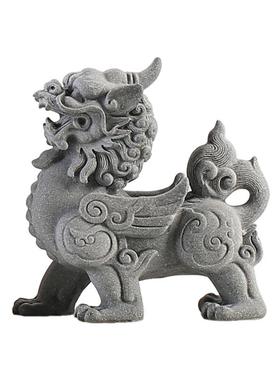 新中式家居桌面玄关装饰品麒麟一对店铺办公室客厅卧室石材工艺品