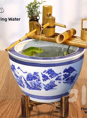 流水趣味庭院莲花陶瓷水箱竹排竹流水循环水摆件流水装置鱼缸